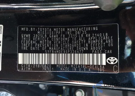 2025 Toyota Corolla Le z USA, uszkodzony, nr VIN 5YFB4MDE9SP326477